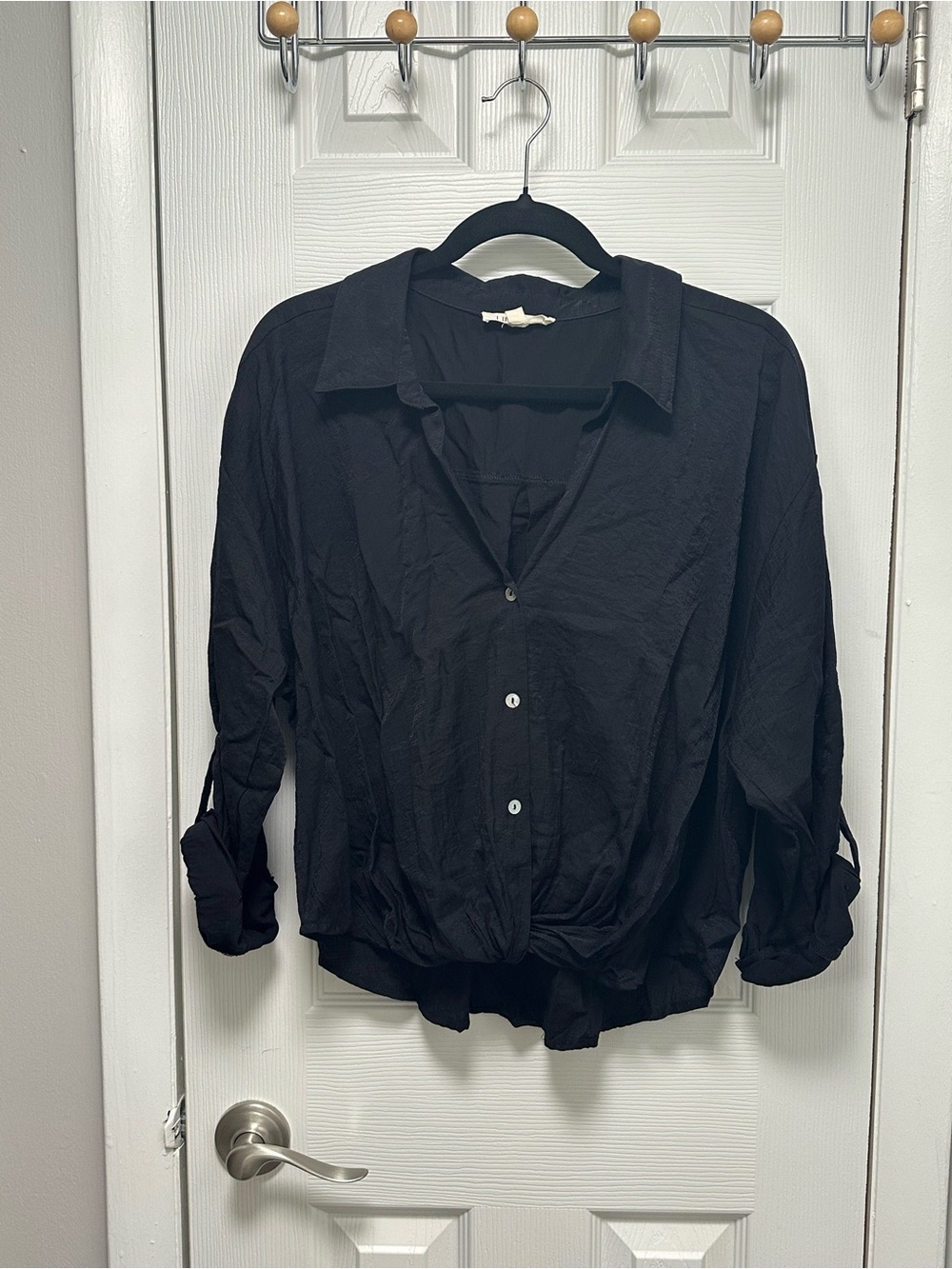 Lily Star Black Button-Front Lightweight Blouse